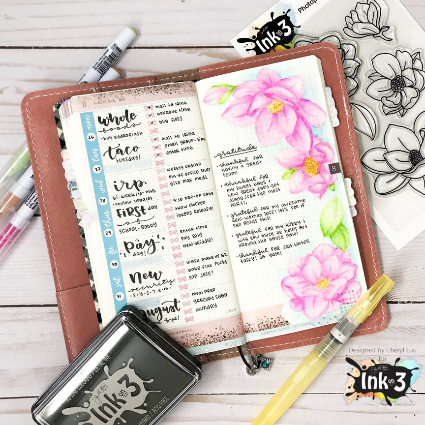 Planner Layout example by Cheryl Luu - no line coloring Fadeout ink & Big Bold Magnolia clear stamps inkon3.com Ink On 3