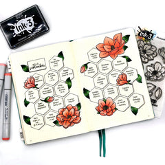 Courtney Planner layout - using Big Bold Magnolias Clear stamps & Blacout Ink by inkon3.com Ink On 3