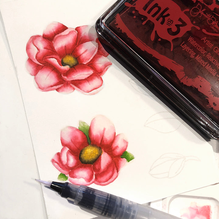 Example using Atelier Artist Grade Fusion Ink, watercolored with Fadeout Ink and Big Bold Magnolia stamp set by Fleurette inkon3.com