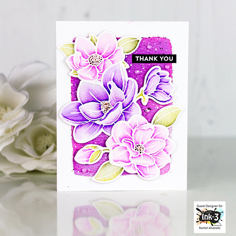 Card Example by Rachel Alvardo using Juicy Ink, Arctic White Embossing powder and Big Bold Magnolia clear stamps by inkon3.com Ink On 3