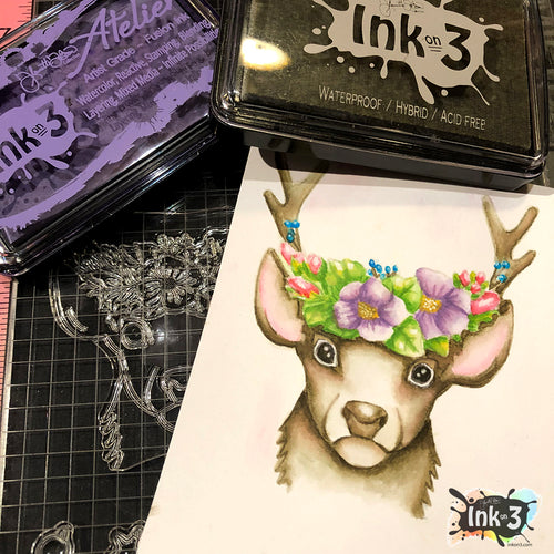 Example using Oh Deer stamps and Atelier inks by inkon3.com coloring by Fleurette